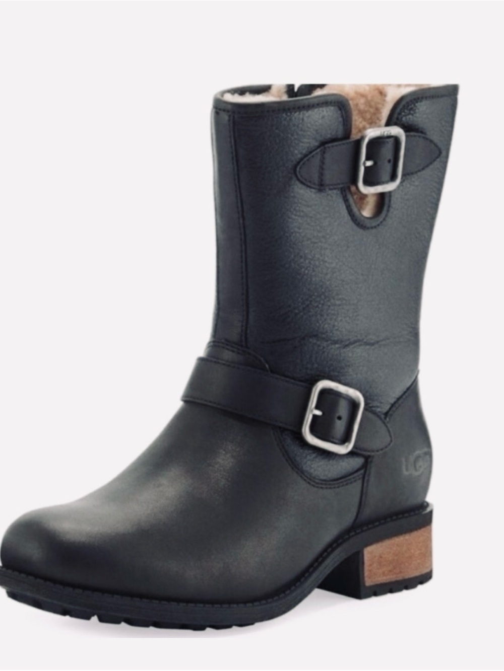 Women's UGG Black Leather Chaney Shearling-Lined Buckle Mid-Calf Boot Size 11